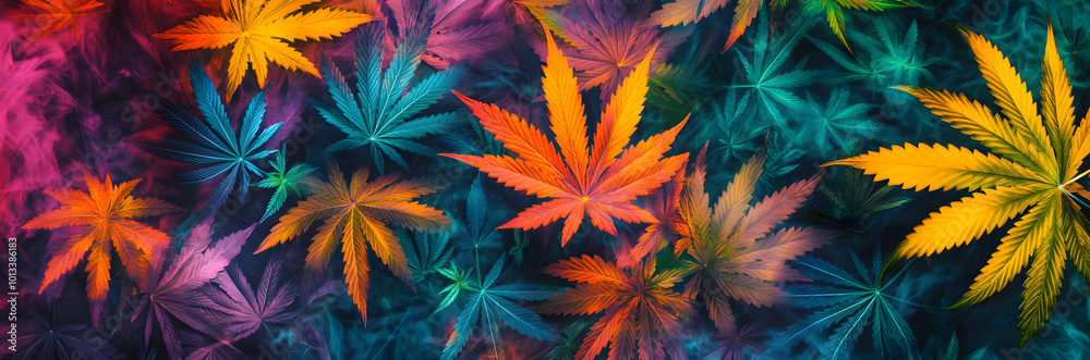 Wall mural a digital artwork featuring a colorful display of cannabis leaves in a repeating pattern with a smok