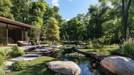 Serene Backyard Oasis with Pond and Stone Pathway