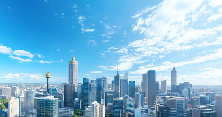 Fototapeta premium Aerial View of City Skyline and Skyscrapers Under Blue Sky and White Clouds