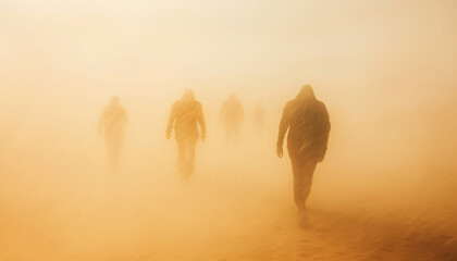 Capture people walking through a desert during a mild sandstorm, using the wind-blown sand to obscure parts of their bodies and faces for a raw, elemental atmosphere
