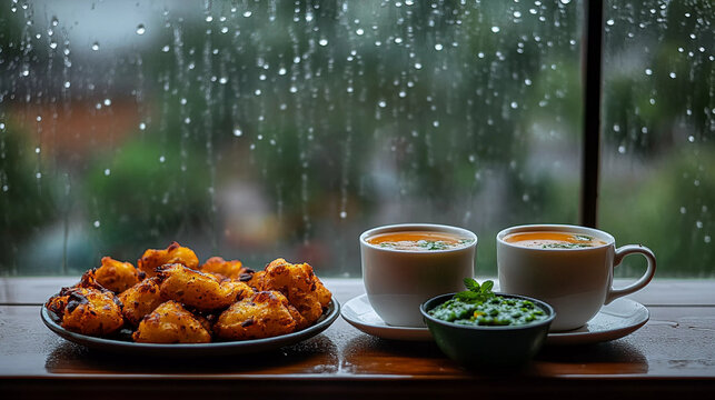 Chai pakoda on rainy window background