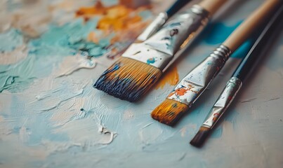 Fototapeta premium paint brushes with traces of colorful paint, Generative AI 