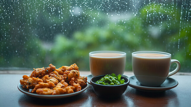 Cup of tea served with pakoras on rainy background 