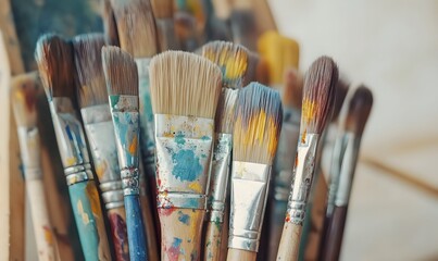 Fototapeta premium paint brushes with traces of colorful paint, Generative AI 