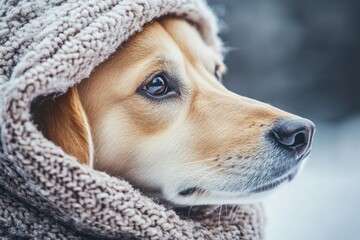 Dog dressed in a warm pullover for the chilly winter months