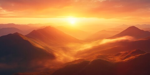Fototapeta premium A stunning sunset illuminates the majestic mountains with rays of warm light, casting long shadows on the valley below.