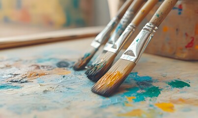 Fototapeta premium paint brushes with traces of colorful paint, Generative AI 