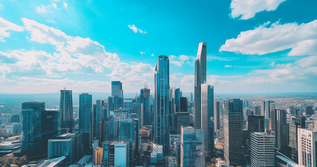 Fototapeta premium Aerial View of City Skyline and Skyscrapers Under Blue Sky and White Clouds