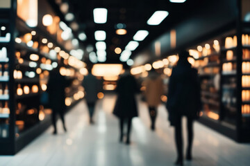 The blurred background of the shopping center conveys a sense of lively atmosphere and shopping. Ideal for use in promotional materials