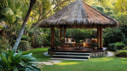 Tropical Gazebo with Wicker Furniture