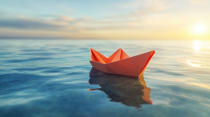 Paper boat in water sailing in ocean for kids toys