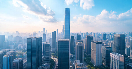 Fototapeta premium Aerial View of City Skyline and Skyscrapers Under Blue Sky and White Clouds