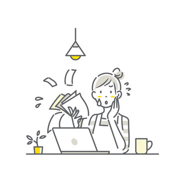recommend clip art: 確定申告にストレスを抱える主婦　シンプルでお洒落な線画イラスト