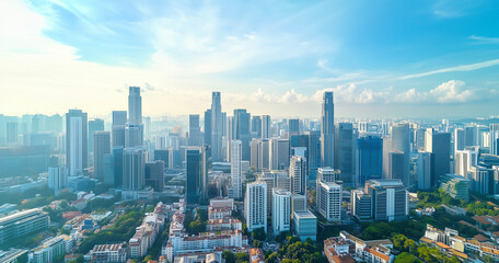 Fototapeta premium Aerial View of City Skyline and Skyscrapers Under Blue Sky and White Clouds