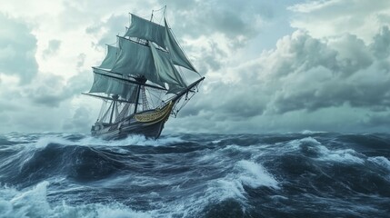 Obraz premium Big ship in ocean with blue sky and clouds