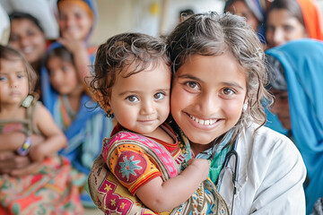Doctor smiling and holding baby surrounded by women and children