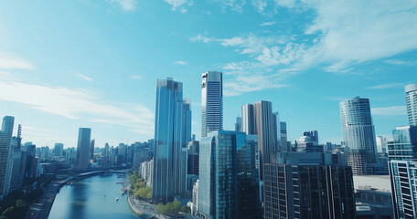 Fototapeta premium Aerial View of City Skyline and Skyscrapers Under Blue Sky and White Clouds