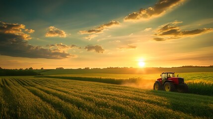 Fototapeta premium Scenic sunset over a rural farm field with a tractor