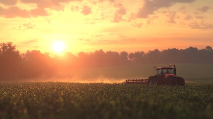 Fototapeta premium Tractor working in field at sunset