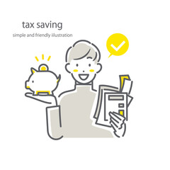 しっかり節税するフリーランスの男性　　シンプルでお洒落な線画イラスト