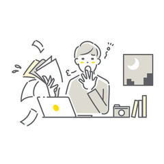 確定申告にストレスを抱えるフリーランスの男性　シンプルでお洒落な線画イラスト