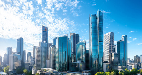 Fototapeta premium Aerial View of City Skyline and Skyscrapers Under Blue Sky and White Clouds