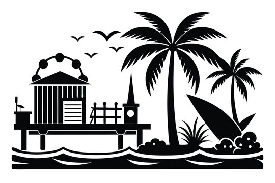 recommend clip art: palm tree,  water dock , marine, , black and white B.eps