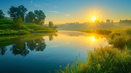 Obraz premium Serene sunrise over a tranquil landscape with gentle hills and lush greenery for a fresh start