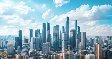 Aerial View of City Skyline and Skyscrapers Under Blue Sky and White Clouds