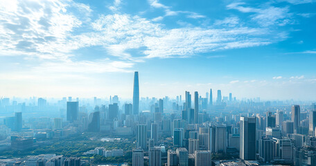 Fototapeta premium Aerial View of City Skyline and Skyscrapers Under Blue Sky and White Clouds