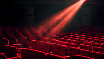 Vibrant Red Theater Auditorium with Spotlight and Dramatic Lighting for Movie Viewing and Showtime Preparation