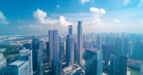 Fototapeta premium Aerial View of City Skyline and Skyscrapers Under Blue Sky and White Clouds