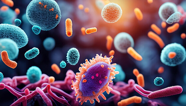 Vibrant illustration of microbiota including bacteria, fungi, protozoa, and viruses coexisting