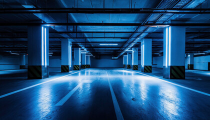 Empty underground garage with a futuristic neon blue glow, showcasing a clean, modern design