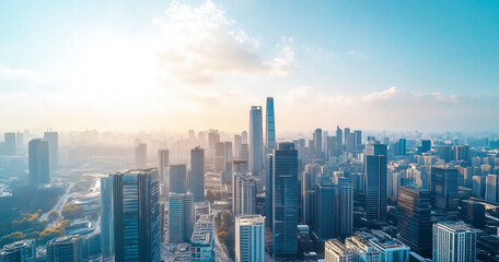 Aerial View of City Skyline and Skyscrapers Under Blue Sky and White Clouds