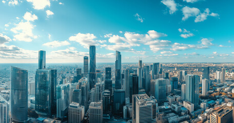 Aerial View of City Skyline and Skyscrapers Under Blue Sky and White Clouds