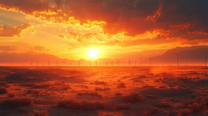 Obraz premium Futuristic AI-Driven Turbine Farm in the Desert Showcasing Modern Technology and Sustainability