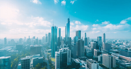 Aerial View of City Skyline and Skyscrapers Under Blue Sky and White Clouds