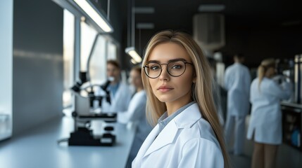 Fototapeta premium Portrait a beautiful young woman wearing a white coat and glasses in a modern Medical Science Laboratory with a team of specialists in the background. Portrait of a confident scientist working.