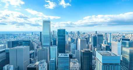 Obraz premium Aerial View of City Skyline and Skyscrapers Under Blue Sky and White Clouds