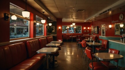 Cozy diner with retro decor and red leather seating inviting customers for meals.
