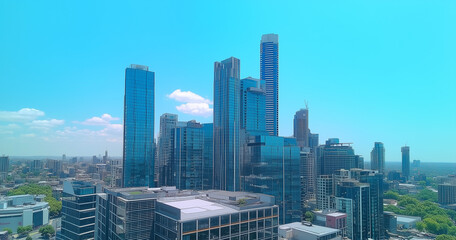 Obraz premium Aerial View of City Skyline and Skyscrapers Under Blue Sky and White Clouds