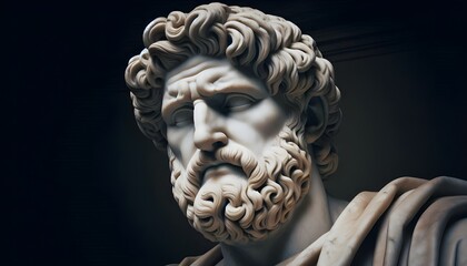Obraz premium A detailed marble sculpture of an old stoic man, possibly representing a roman god, showcasing intricate facial features and a contemplative expression.