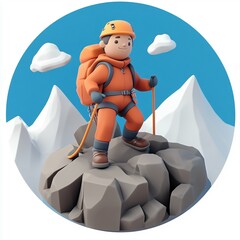 3D Mountain Climber Icon: Adventurer Scaling Heights Illustration Logo
