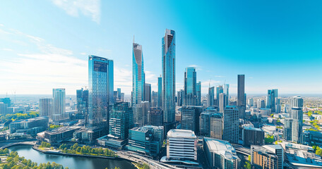 Obraz premium Aerial View of City Skyline and Skyscrapers Under Blue Sky and White Clouds