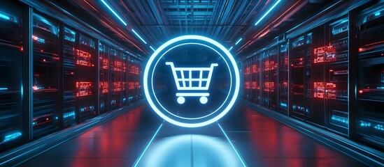 Fototapeta premium Futuristic e-commerce shopping cart icon in neon lights