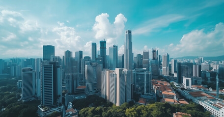 Fototapeta premium Aerial View of City Skyline and Skyscrapers Under Blue Sky and White Clouds