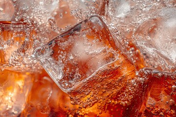 Cola with ice. Close-up of ice cubes in cola water. Texture of a carbonated drink with bubbles in the glass. Cola soda and ice splash, fizz or float to the surface. Cold drink background. 