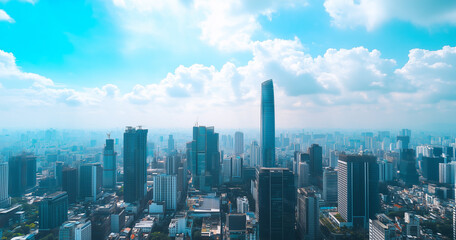 Obraz premium Aerial View of City Skyline and Skyscrapers Under Blue Sky and White Clouds