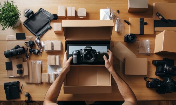 Person unpacking new DSLR camera from box.